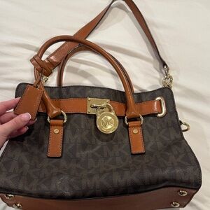 Michael Kors Brown Signature Satchel with Tan Trim and Gold Hardware